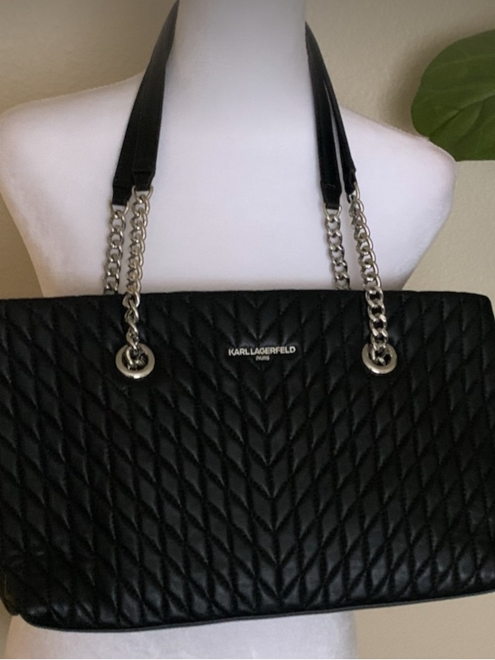 Karl Lagerfeld Black Quilted Chevron Tote with Chain Straps - Picture 2 of 16